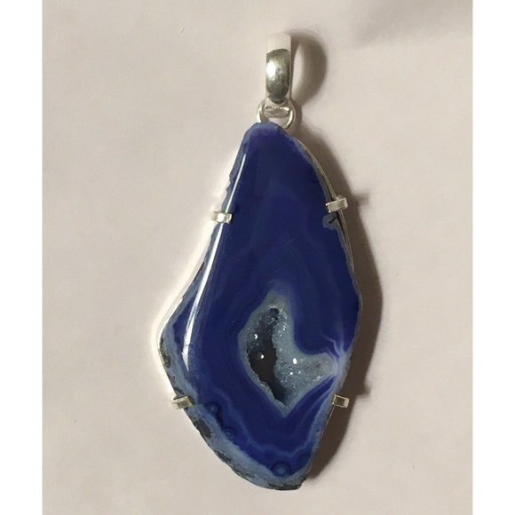 Gorgeous Blue AGATE SLICE Quartz Crystal GEODE Sterling Silver Set PENDANT, NEW - Picture 1 of 7